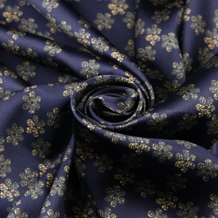 

118CM Wide 19MM 93% Silk & 7% Spandex Tiny Floral Print Stretch Dark Blue Silk Satin Fabric for Dress Cheongsam Jacket D1031