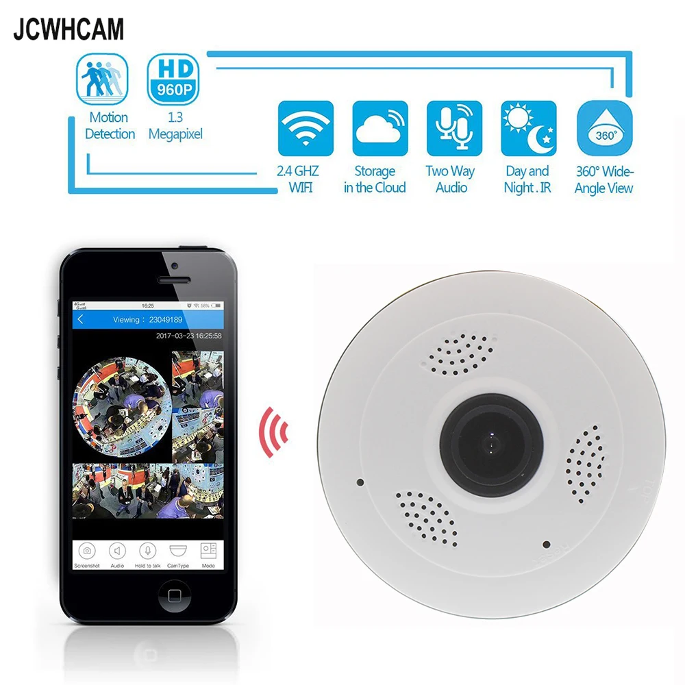 

JCWHCAM HD FishEye IP Camera Wi-fi 960P Mini WiFi Camera 1.3MP Network Home Security Camera Panoramic IR Surveillance Camera