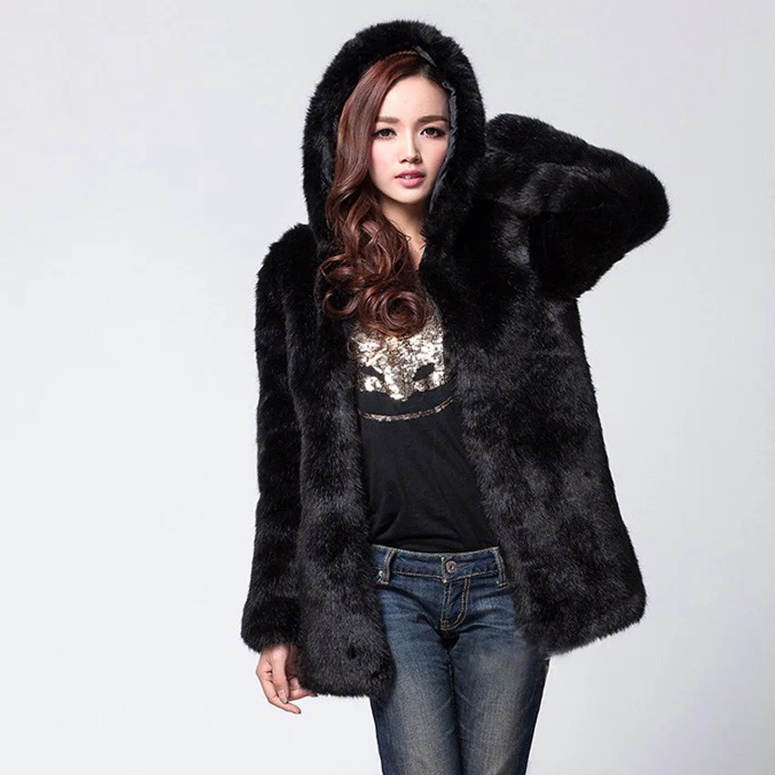 Женское меховое пальто с капюшоном черное пончо на молнии кардиган из