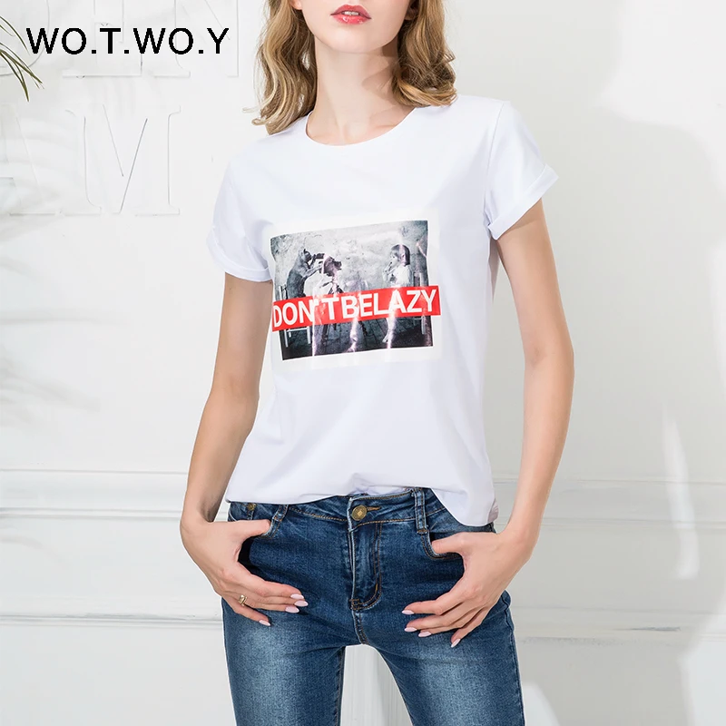 WOTWOY 12 Models Women Print T shirt Cotton Letter Shirt Tops Harajuku 2017 Summer Fashion Tshirt Short Sleeve Tee Shirt| |