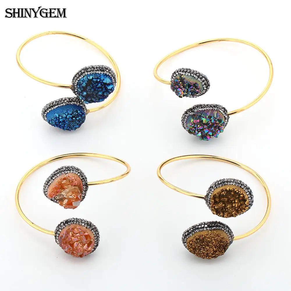 ShinyGem винтажный Регулируемый большой браслет с камнями Друза браслеты гладкое золотое покрытие с большим природным камнем открытые манжеты браслеты для женщин