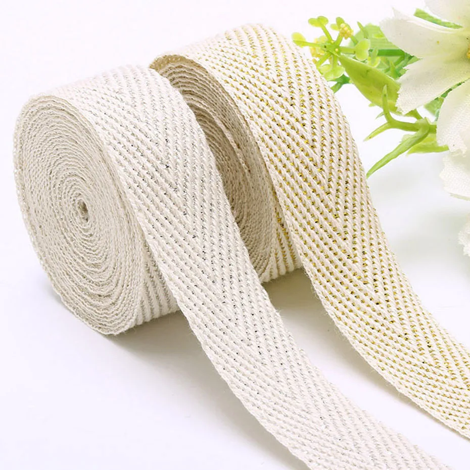 

50 Yards/Roll 10mm/15mm/20mm/25mm 100% Cotton Herringbone Twill Silver/Gold Wire Beige Webbing Tape Garment Sewing Ribbon