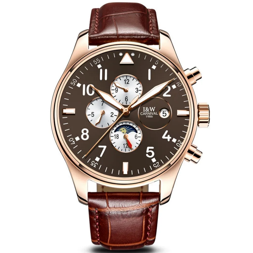 

Carnival Mens Business Multifunction Dial Leather Watchband Automatic Mechanical Watch - gold bezel coffee dial