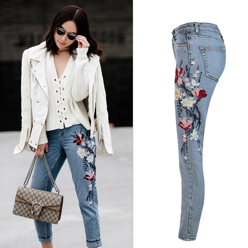 Vintage Denim Capri Embroidered Flowers Mom jeans Boyfriend Jeans with High Waist for Women's plus size | Женская одежда