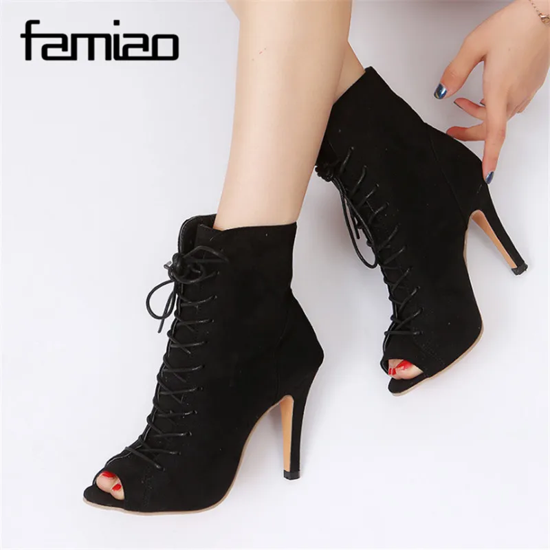 FAMIAO/женские ботинки с открытым носком перекрестной шнуровкой botas туфли лодочки