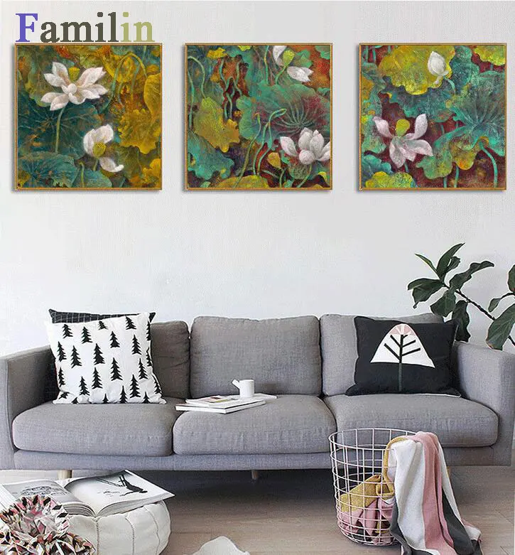 Современная каллиграфия тяжелые цветные струйные картины лотоса гостиная диван