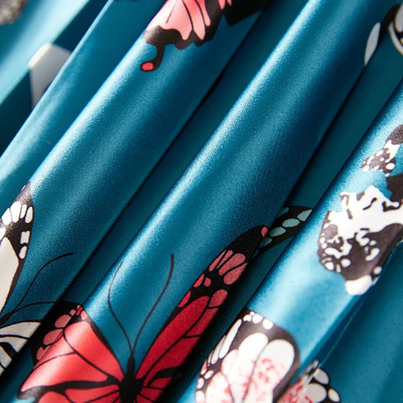 New Arrival Pretty Print Pleated Dress For Women Three Quarter Sleeve O_neck Bow Cute Blue | Женская одежда