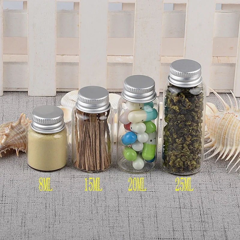 

Glass Bottles Aluminium Swivelling Cover Jars 8ml 15ml 20ml 25ml Bottles Decoration Weding Gift Candy Pill Tea Container 50pcs