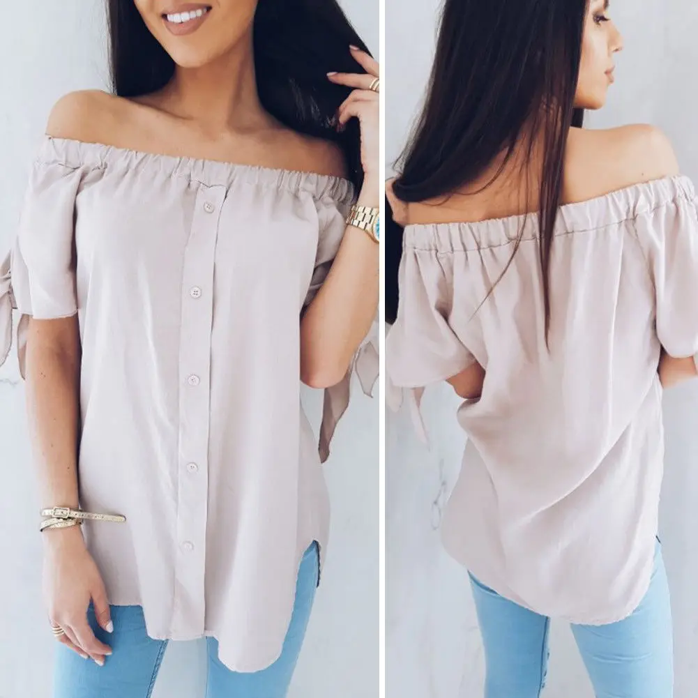 Women Fashion Summer Off Shoulder Short Sleeve Beach Casual Slash Neck Blouse |