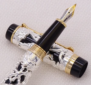 Ручка перьевая Jinhao с Фениксом, винтажная Роскошная каллиграфия, металлическая полностью Серебристая и черная резьба, подарок для офиса