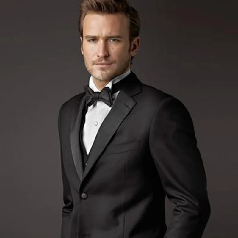 Hot Selling (Jacket+Pants+Vest) Mens Suits 3 Pieces Two Buttons Groom Tuxedos Men Suit Black Groomsman Bridegroom Prom Suits