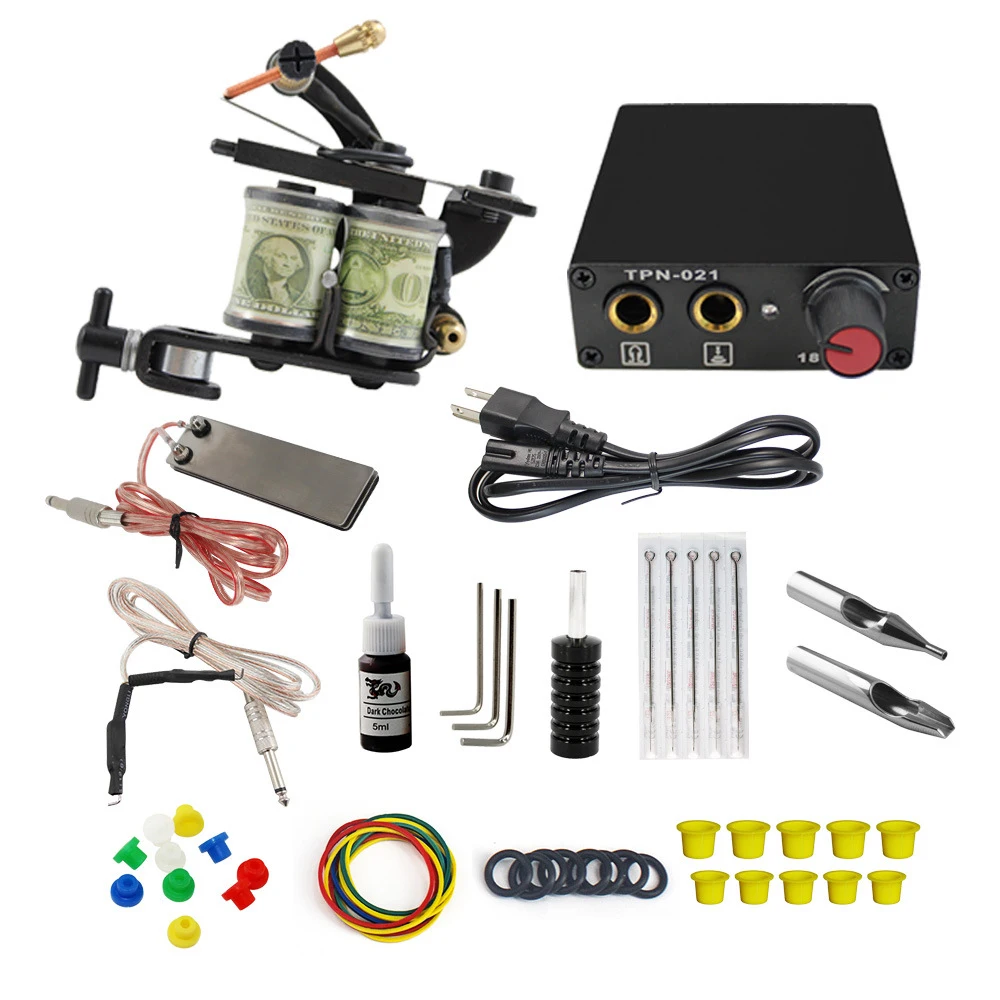 

Complete Tattoo Machine Kit Set 2 Coils Guns 5 Colors Black Pigment Sets Power Tattoo Beginner Grips Kits Permanent Makeup