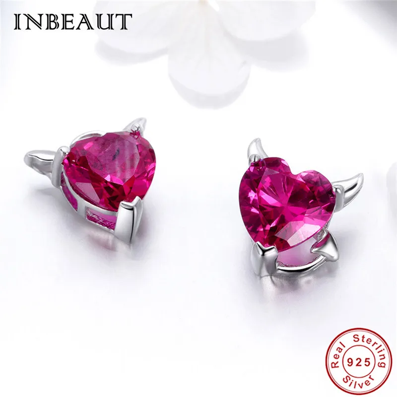 Серьги INBEAUT для женщин серебро 925 пробы милое сердце Ангела чертика красное