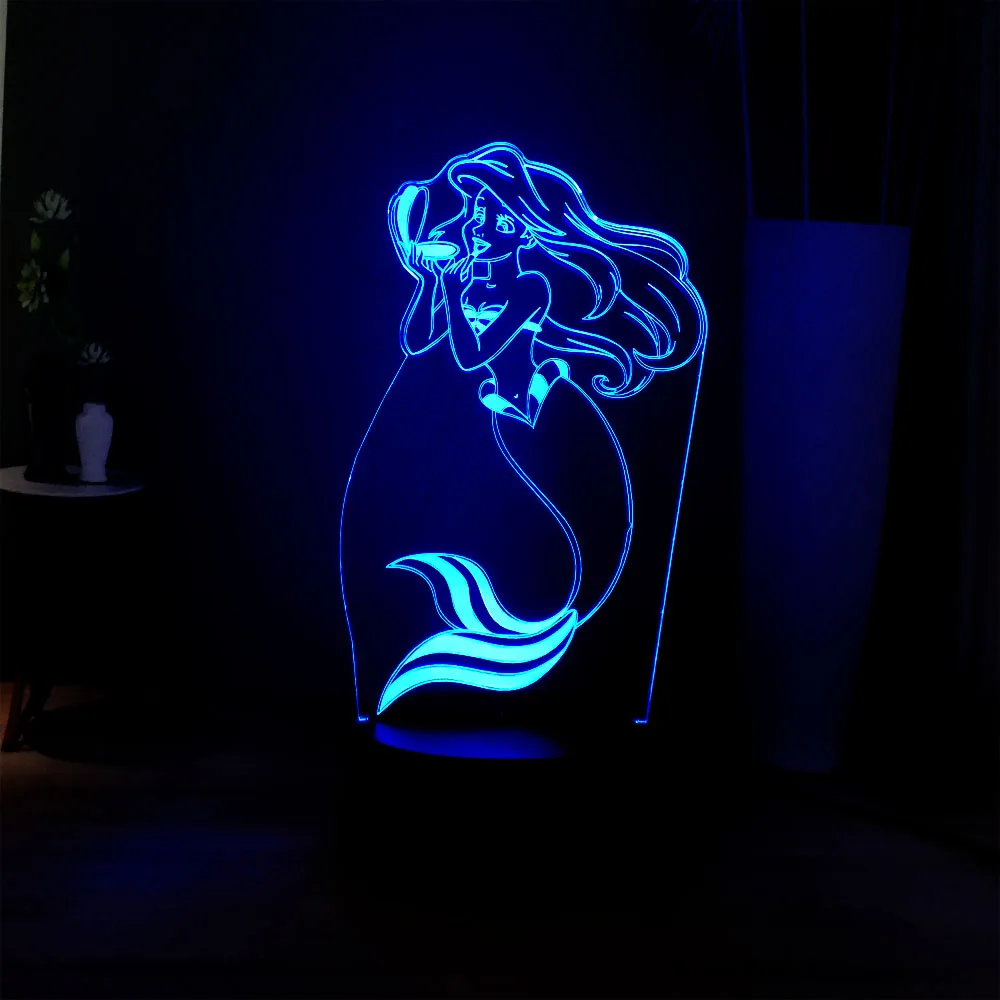 Иллюзия мультфильм 3D лампа Красивая Русалочка красочные изменения вспышки декоративные светильники USB мини сенсорный пульт дистанционного светодиодный ночник