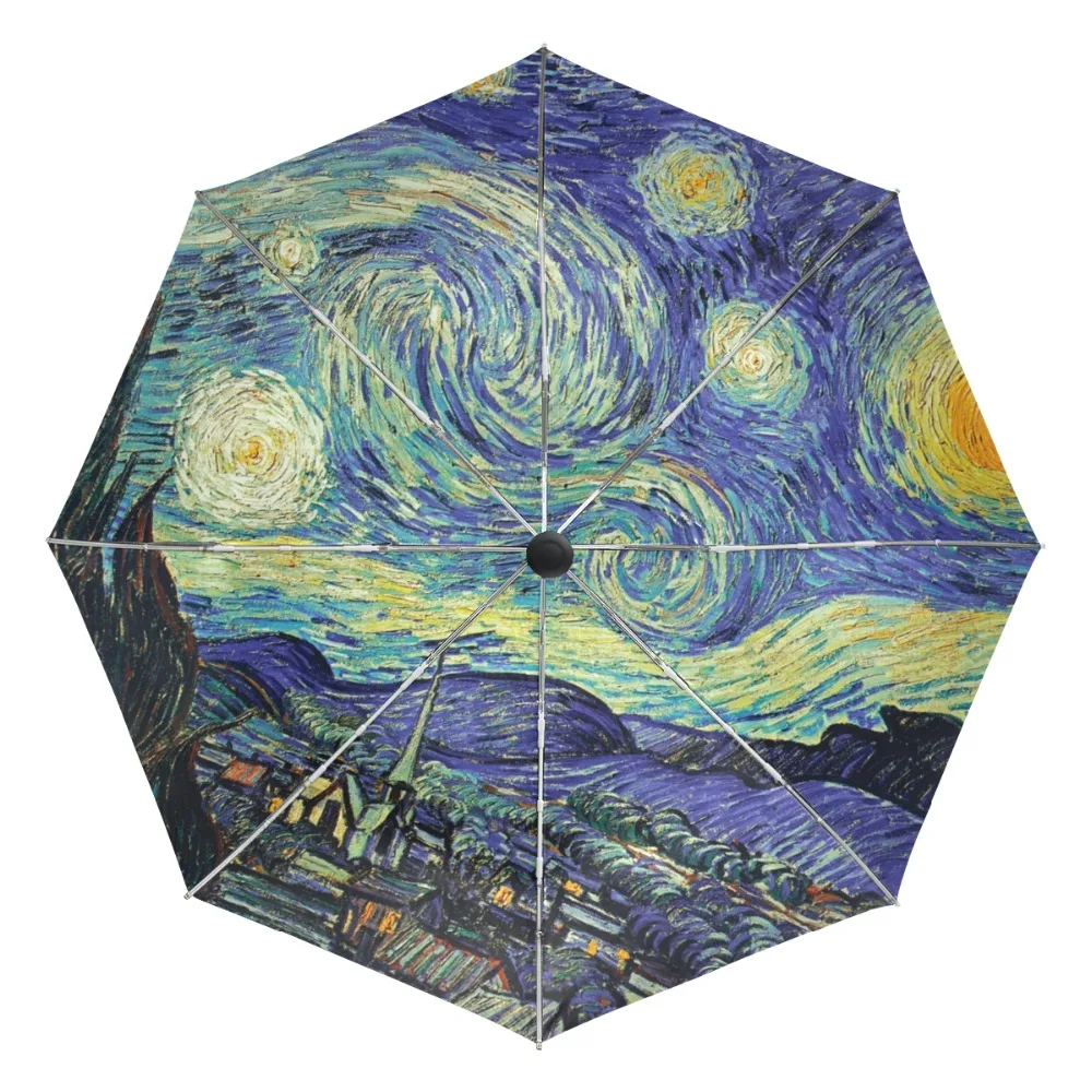 

Outer Black Coating Umbrella Painting Artwork Van Gogh Starry Night Umbrellas UV Anti Parasol 3 folding Automatic Men Umbrella