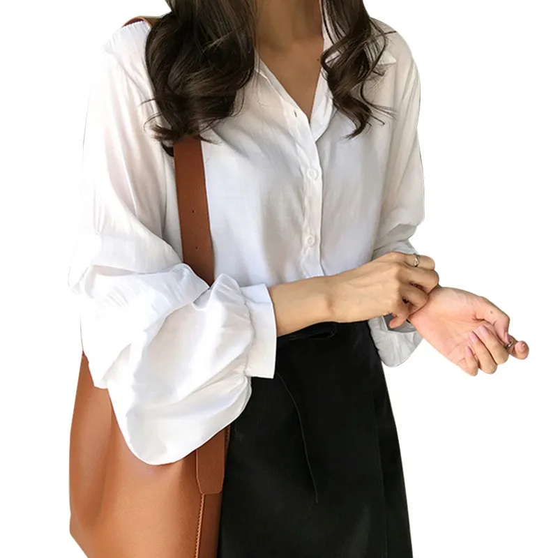

Women Long Sleeve Loose Turn Down Collar Blouses Casual Solid Women's Puff Shirt Spring Loose Blusa Tops