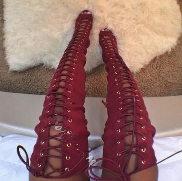Red lace up thigh high boots spring autumn peep toe stiletto heels cross-tied over the knee woman gladiator sandal | Обувь
