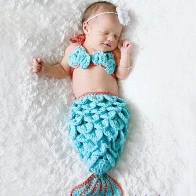 Blue Mermaid Newborn Baby Photo Photography Props Infant Handmade Outfits Crochet Knit Cocoon Set Knitted Bebe Boy Girl Costumes