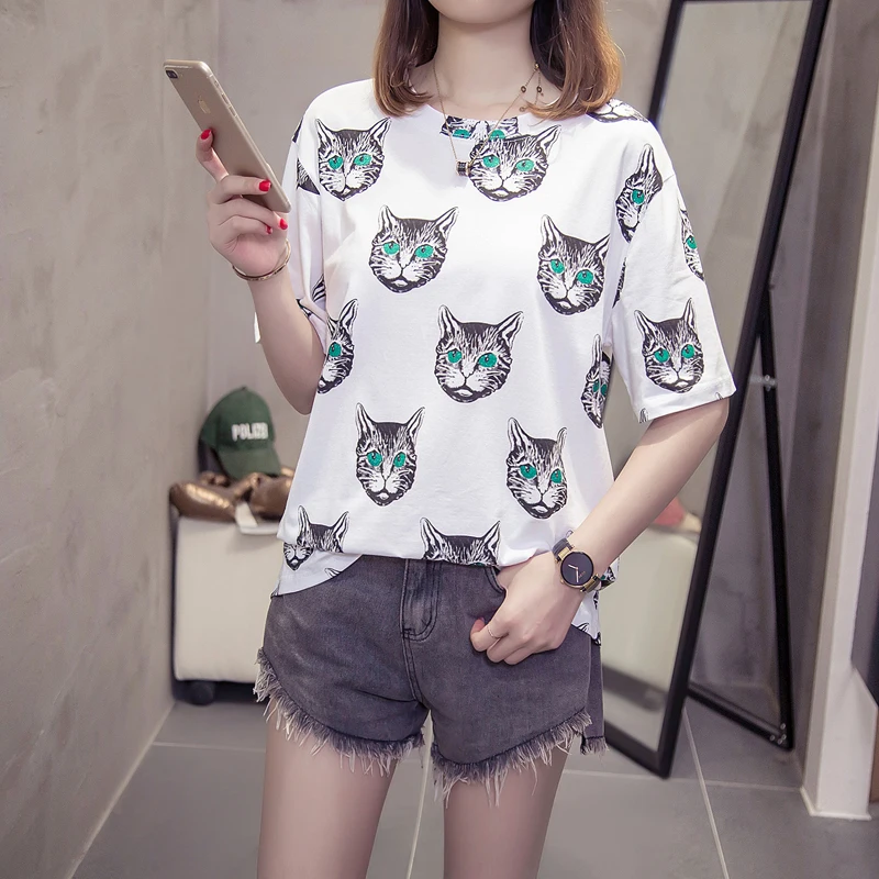 2018 L ~ 4XL модные короткий рукав с принтом кота хлопковая футболка лето плюс Размеры