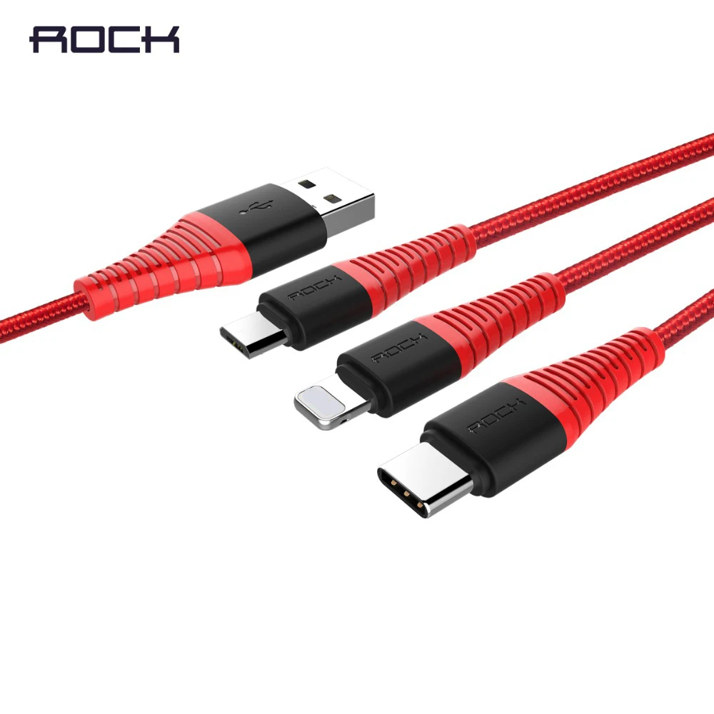 ROCK 3 в 1 USB Type C Micro и зарядный кабель для iPhone зарядное устройство высокопрочный X 8 7 6