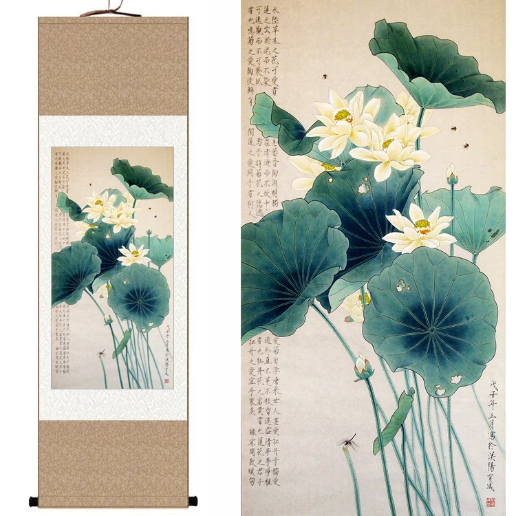 Китайский шелк акварель оригинальный цветок и птица лотоса Стрекоза пчела