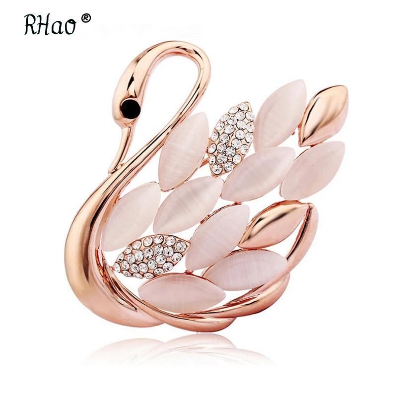RHao, милые опаловые Броши с лебедями для женщин, заколки золотого цвета, животные, стразы, камея, брошь на лацкане, брошь на Рождество, подарки на свадьбу