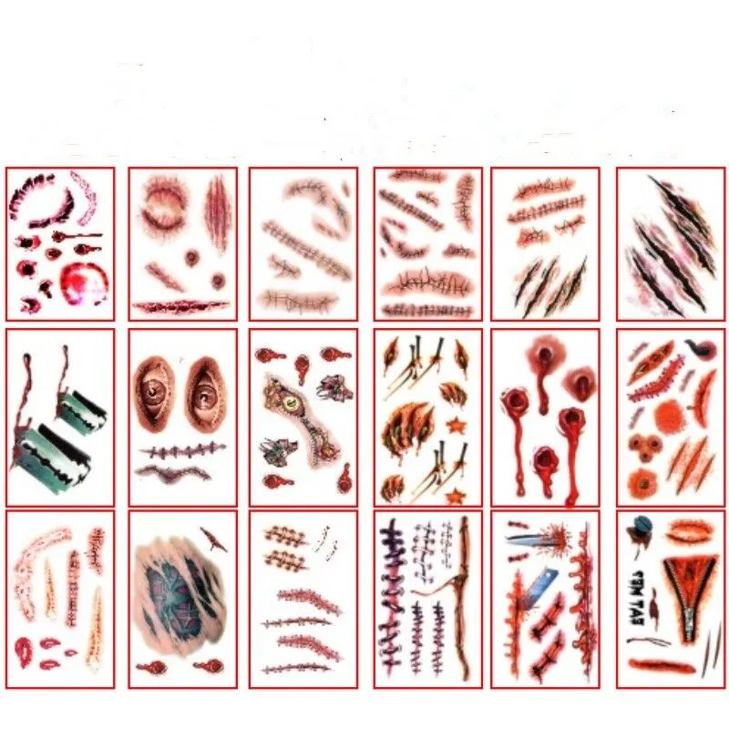 Тату наклейка на Хэллоуин 20 шт./лот сделай сам шрамы зомби кровавый макияж