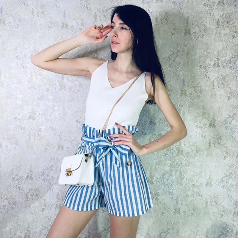 Blue High Waist Striped Sashes Shorts Women 2019 Summer Sexy Button Mini Harajuku Ladies Female|Женские шорты| |