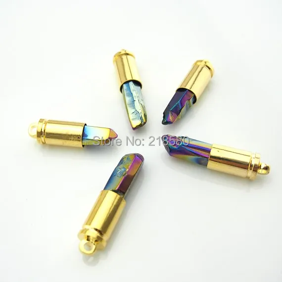 

P6101035 Polished Rainbow Titanium Quartz Point Pendant Raw Crystal Gold or Silver Bullet Necklace Pendant