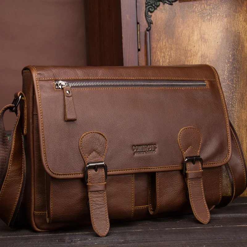 Men's shoulder bag leather handbag brown crazy horse Messenger large capacity |