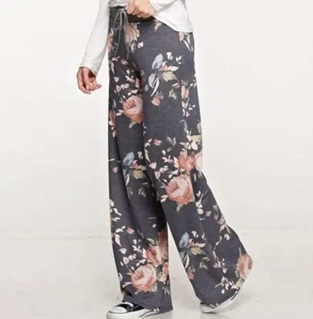 0447 dark gray Женские брюки, свободные, цветочный принт, шнурок, повседневные, широкие, брюки, женские летние брюки, длинные, тренировочные штаны размера плюс - Цвет: 0447 dark gray