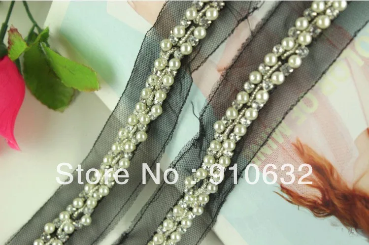 1 ярд черные кружева и жемчужные кристаллы цвета слоновой кости отделка бисером