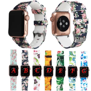 Ремешок силиконовый для Apple watch Series 6 5 4 3 2 1 SE, браслет с цветочным принтом для iWatch Series 4 3 2 38 мм 42 мм, 40 мм 44 мм