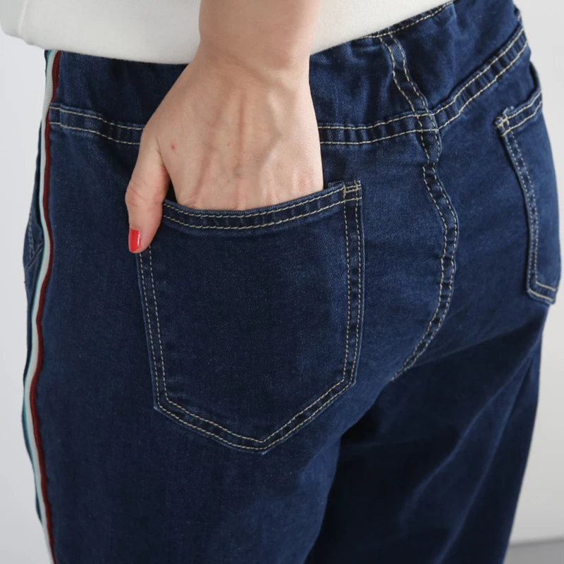 Большие размеры 5XL 2019 Осенние новые синие шаровары Винтажные эластичные джинсы с