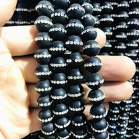 natural matte black agate onyx bead with water crystal10mm round gem stone loose beads cz zircon crystal inlay1str 37 beads