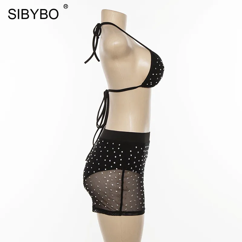 Sibybo, Алмазный Холтер, сексуальный укороченный топ и шорты, комплект, без рукавов, сетка, летний комплект из двух частей, женский, открытая спина, пляжная одежда, Женский комплект