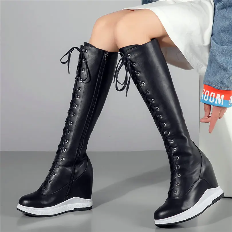 Thigh High Boots Women Genuine Leather Lace Up Knee High Booties Wedges High Heel Tall Shaft Punk Sneakers Winter Punk Creepers
