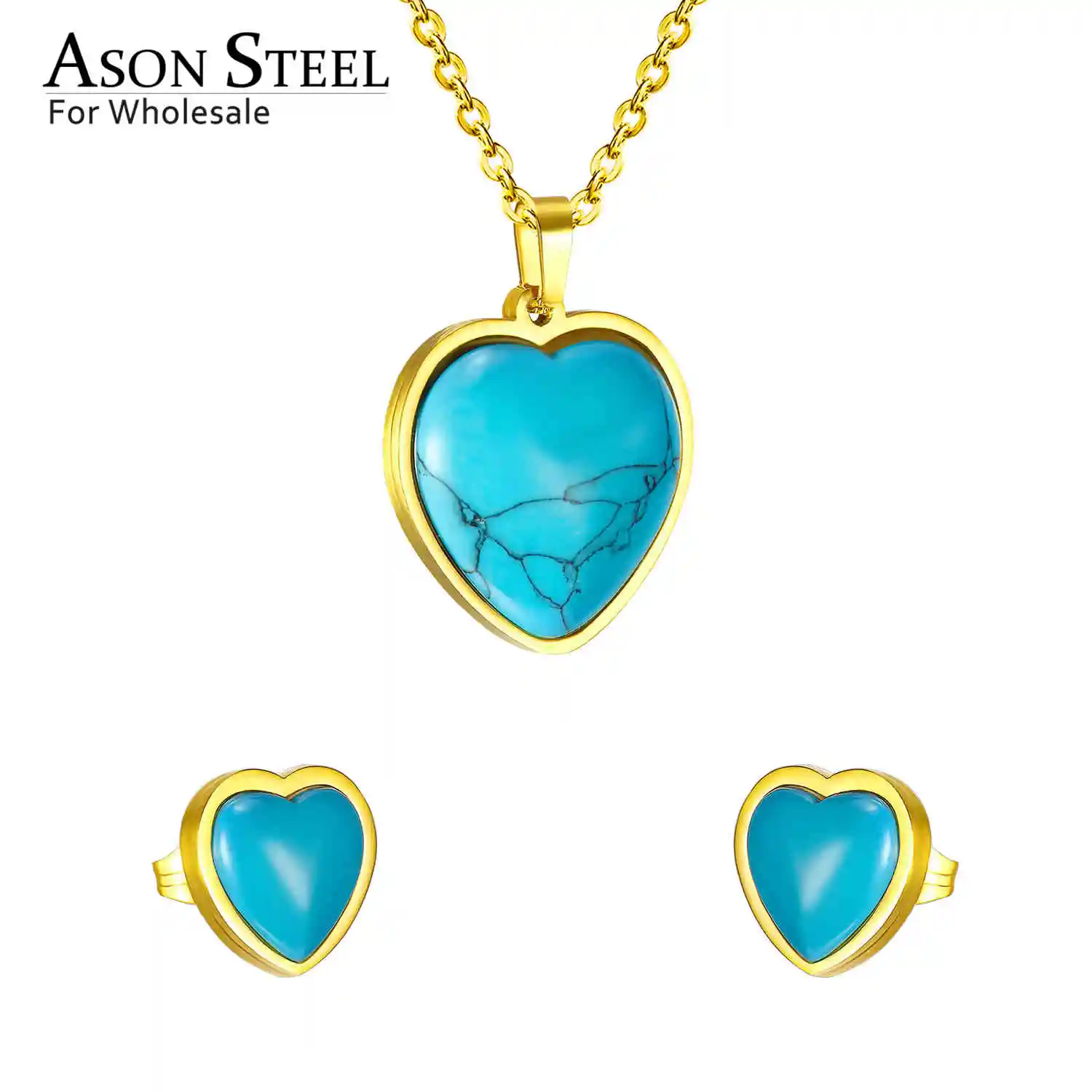 ASON стальное золото/сердечко серебряного цвета голубой эмалированный комплект