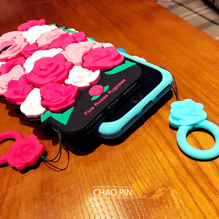 VANFOO 3D Rose Silicone Case For iPhone X 7 8 Plus 6 6S Stereo Flos Rosae Rugosae Flower &amp Lanyard Ring Soft Phone Back Cover |