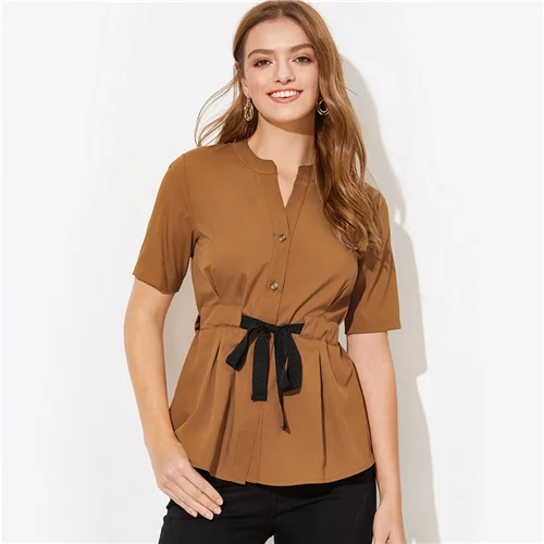 Brown Sheinside коричневая завязанная на талии блузка рубашка женские летние блузки V образным вырезом Женские топы с коротким рукавом женские рубашки - Цвет: Brown