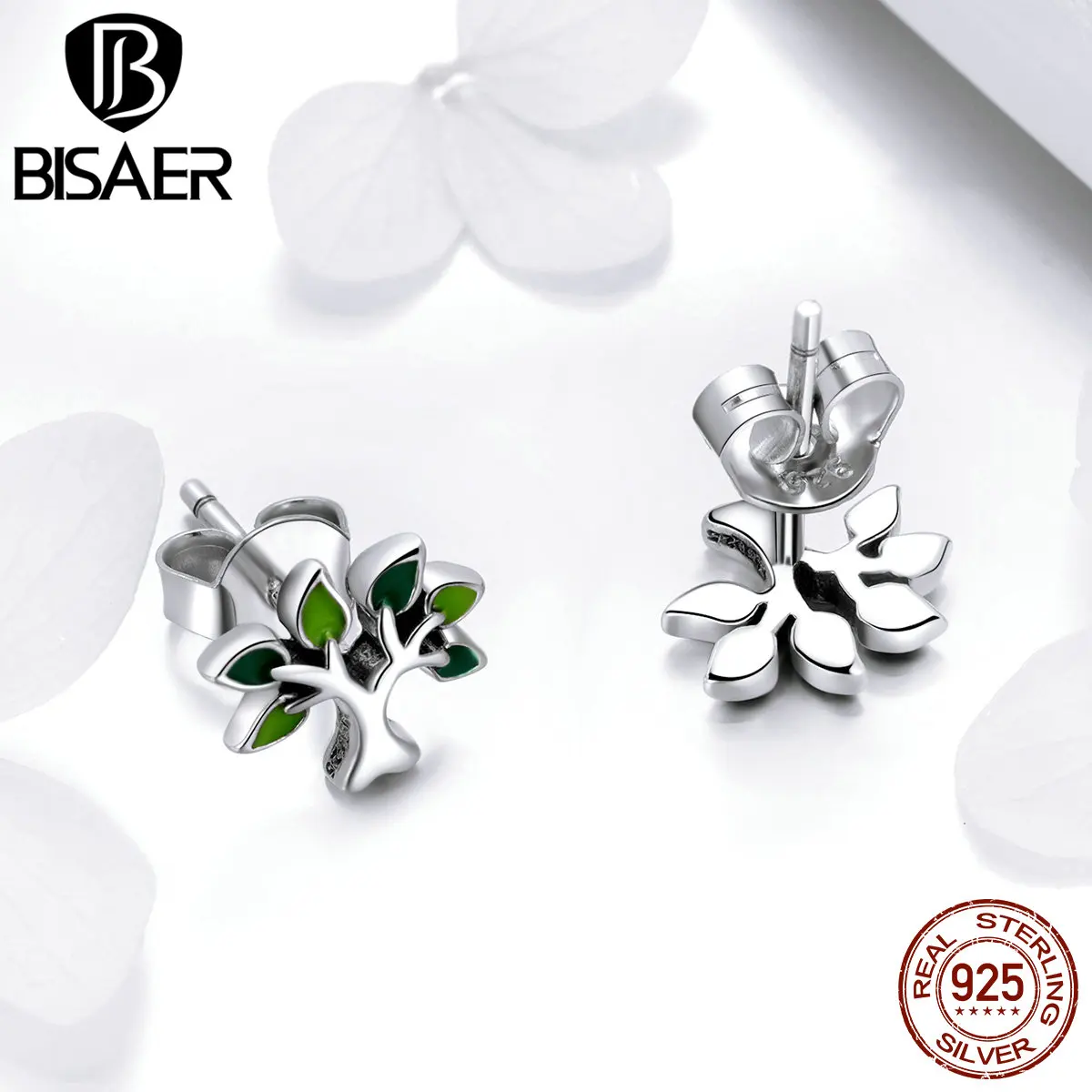 BISAER, настоящее 925 пробы, серебряное дерево жизни, маленькие серьги-гвоздики, дерево, листья, серьги для женщин, модное серебряное ювелирное изделие