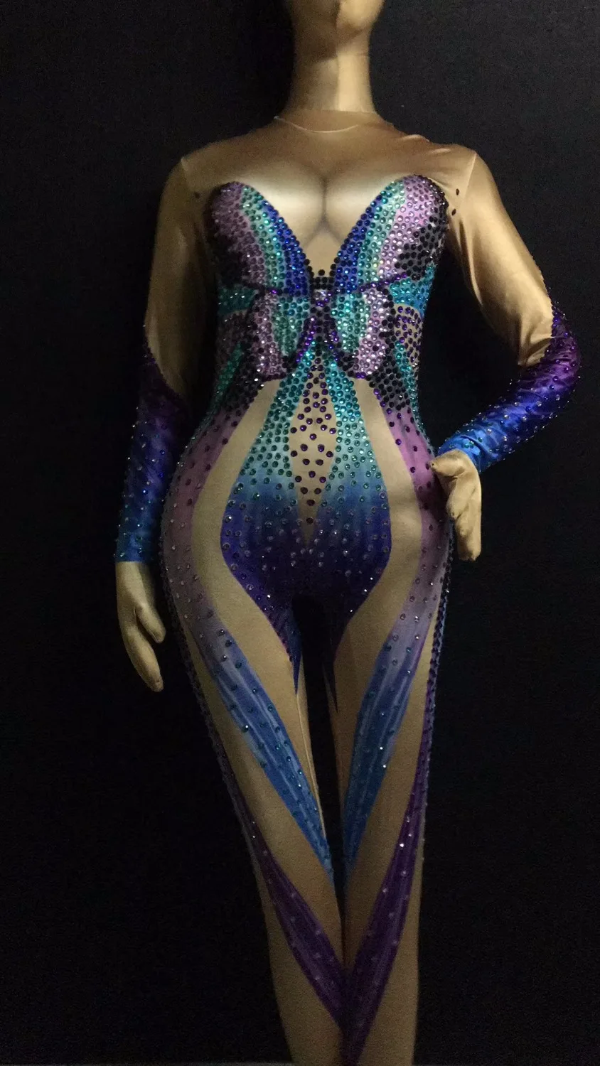 Female costume blue Butterfly Rhinestones Jumpsuit Sexy Stretch Crystals Bodysuit Bar Singer Stage wear performance Party | Женская