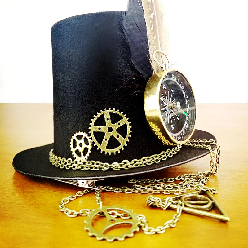 Retro Women Feather Hairclip Steampunk Mini Top Hat Lolita Cosplay Fedoras Hat Gothic Geer Compass Chain Head Wear Halloween Use