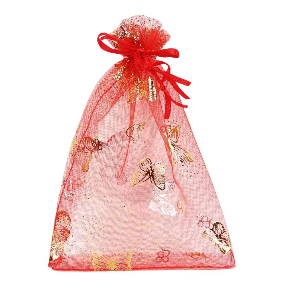 

50pcs 9*12 11*16cm Drawable Print Organza Bags With Butterfly Pattern Candy Color Pouches Wedding Gifts Packaging Jewelry Bags