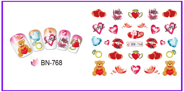 UPRETTEGO 12 упак./лот переводка NAIL ART Наклейки для ногтей на День святого Валентина свадьбы Kiss Bear сладкое сердце чашка любовь BN757-768