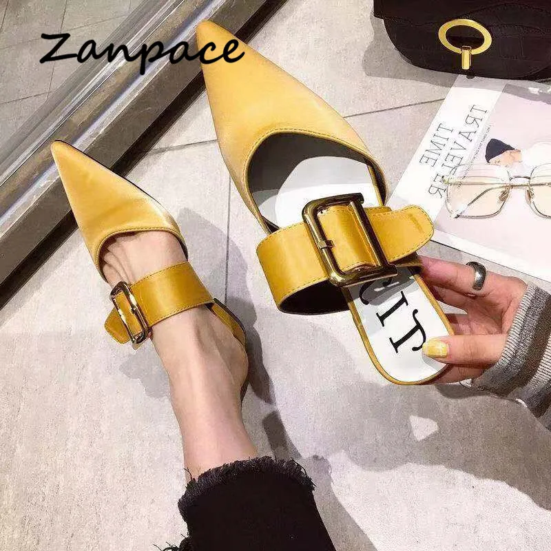 Zanpace/новые тапки-слиперы низкие г. Домашние шлепанцы с пряжкой модная женская обувь с острым носком летние сандалии на платформе женские вьетнамки