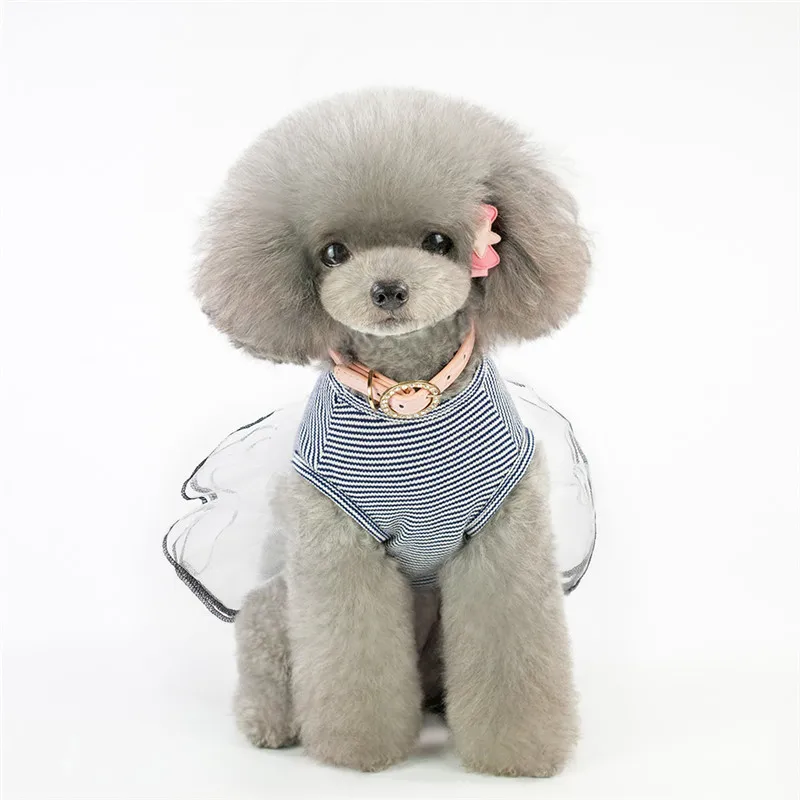 Cute Strip Dog Wedding Party Dress Tutu Skirt Summer Female Girl Puppy Hoodie Shirt Clothes Costume For Yorkie Chihuahua | Дом и сад