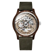 fashion creative brand men watches casual mechanical wooden case crazy horse leather strap wood watch skeleton automatic watches