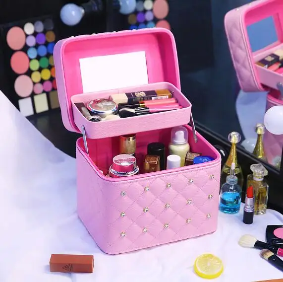 Pink 2 layers Большой Вместительный женский Профессиональный Чехол для макияжа с бриллиантами, косметичка для путешествий, чехол для хранения, косметичка, косметический Чехол - Цвет: Pink 2 layers