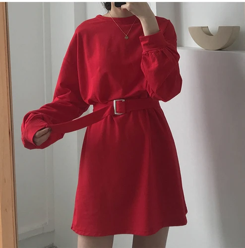 Красный Ulzzang корейский стиль Женская одежда модный бренд весна осень новые длинные топы О-образный вырез длинный рукав пояса свободные повседневные футболки - Цвет: Красный
